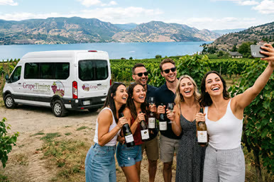 Group selfie with wine and the GrapeTiming van